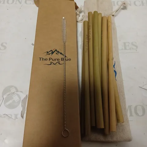 LOT OF 25 BRAND NEW THE PURE BLUE ORGANIC ECO-FRIENDLY BAMBOO DRINKING STRAWS (12PC) WITH CLEANING BRUSH AND NATURE-FRIENDLY JUTE BAG