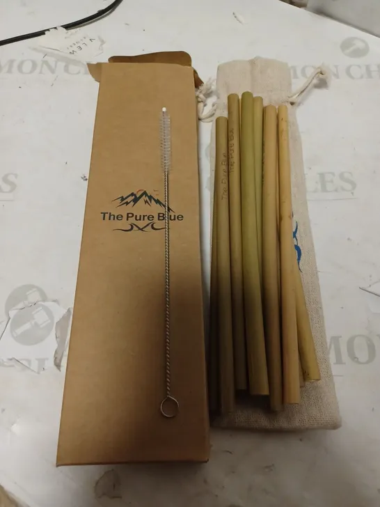 LOT OF 25 BRAND NEW THE PURE BLUE ORGANIC ECO-FRIENDLY BAMBOO DRINKING STRAWS (12PC) WITH CLEANING BRUSH AND NATURE-FRIENDLY JUTE BAG