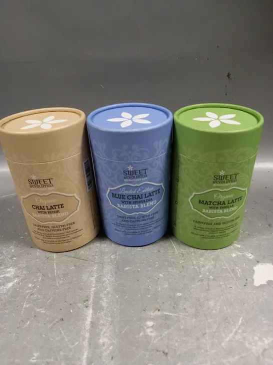 3 X SEALED SWEET REVOLUTION DRINKS PACKS TO INCLUDE CHAI LATTE, MATCHA LATTE, BLUE CHAI ETC 