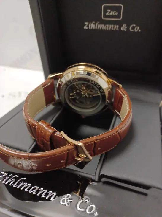 ZIHLMANN & CO GOLD EFFECT SKELETON BROWN LEATHER STRAP WRISTWATCH