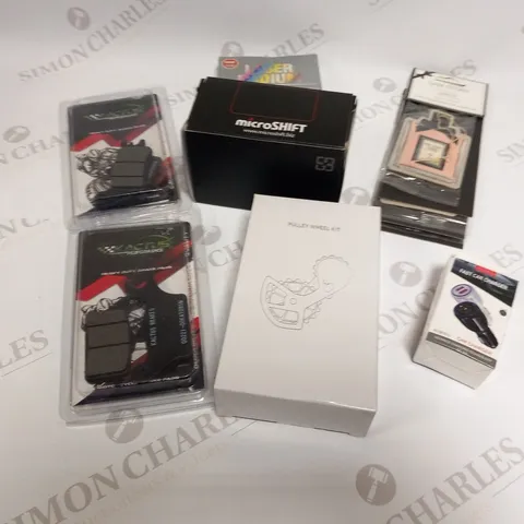 BOX OF ASSORTED CAR AND VEHICLE ACCESSORIES TO INCLUDE; MICROSHIFT, PULLEY WHEEL KIT, AIR FRESHNERS, HEAVY DUTY ANKLE BREAK PADS AND IRIDIUM SPARK PLUGS