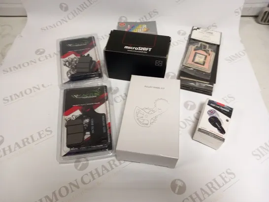 BOX OF ASSORTED CAR AND VEHICLE ACCESSORIES TO INCLUDE; MICROSHIFT, PULLEY WHEEL KIT, AIR FRESHNERS, HEAVY DUTY ANKLE BREAK PADS AND IRIDIUM SPARK PLUGS