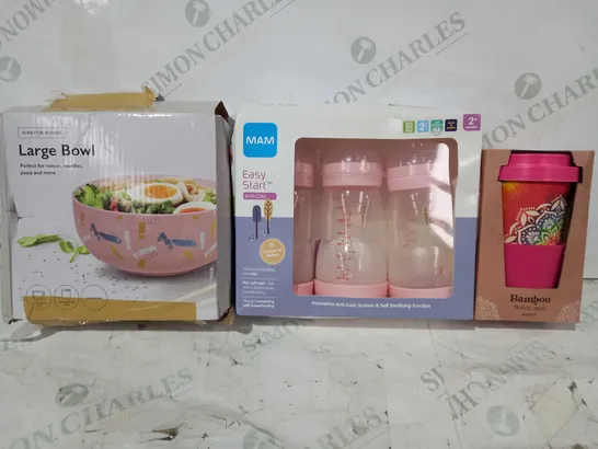 BOX OF APPROXIMATELY 15 ASSORTED HOUSEHOLD ITEMS TO INCLUE BAMBOO TRAVEL MUG, EASY START ANTI-COLIC BABY BOTTLES, LARGE BOWL FOR RAMEN AND PASTA, ETC