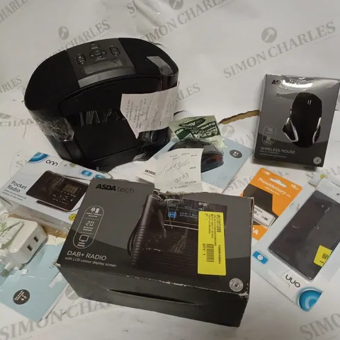 BOX OF ASSORTED ASDA ELECTRICALS INCLUDING - RADIO, WIRELESS MOUSE, 5000MAH POWER BANK