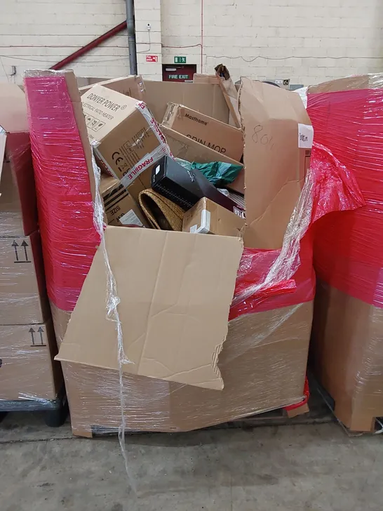 PALLET OF ASSORTED HOUSEHOLD ITEMS AND CONSUMER PRODUCTS. INCLUDING SCOOTER, TRAVEL CASE, PULL UP BAR, TOILET SEAT, AIR FRYER ETC