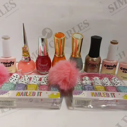 BOX OF APPROX 10 NAIL VARNISHES TO INCLUDE CHIT CHAT NAILED IT SET, SAFFRON LONDON NAIL POLISH, CANDY COAT SUPER POLISH