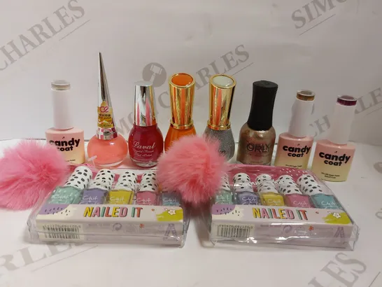 BOX OF APPROX 10 NAIL VARNISHES TO INCLUDE CHIT CHAT NAILED IT SET, SAFFRON LONDON NAIL POLISH, CANDY COAT SUPER POLISH