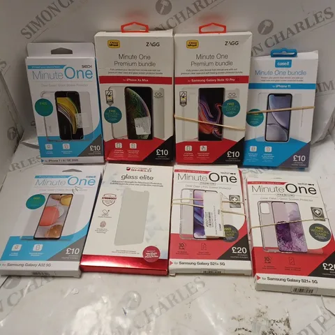 APPROXIMATELY 25 ASSORTED SMARTPHONE PROTECTIVE ACCESSORIES TO INCLUDE GALAXY A32 SCREEN PROTECTOR, IPHONE XS MAX PREMIUM BUNDLE, IPHONE 11 SCREEN PROTECTOR ETC 
