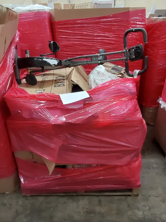 PALLET OF ASSORTED HOUSEHOLD ITEMS AND CONSUMER PRODUCTS TO INCLUDE; EXERCISE BIKE, BOXED FURNITURE ETC 