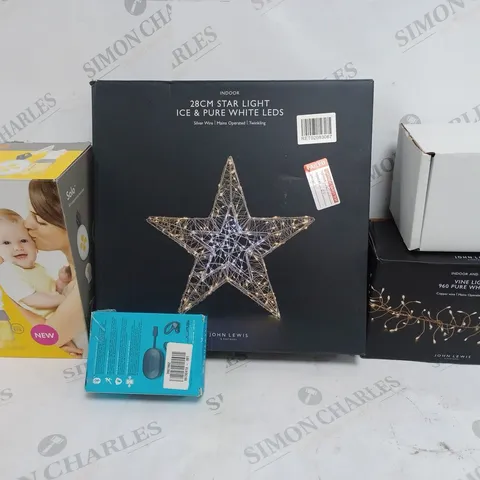 BOX OF APPROXIMATELY 15 ASSORTED ITEMS TO INCLUDE ELECTRIC BREAST PUMP, LED STARS, JLAB AUDIO HEADPHONES ETC