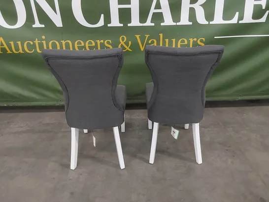 SET OF 2 BEWLEY SLATE FABRIC BUTTON BACK DINING CHAIRS WITH WHITE LEGS 