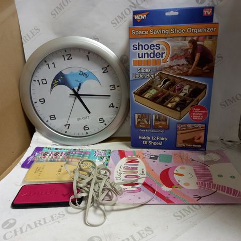LOT OF APPROXIMATELY 12 ASSORTED HOUSEHOLD ITEMS, TO INCLUDE PHONE CASES, SHOE STORAGE BOX, CLOCK, ETC