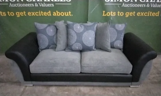 DESIGNER DANUBE GREY FABRIC AND BLACK SUEDE EFFECT THREE SEATER SOFA