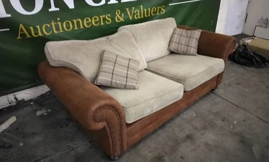 QUALITY DESIGNER TAN LEATHER 2 SEATER SOFA WITH BEIGE CUSHIONS