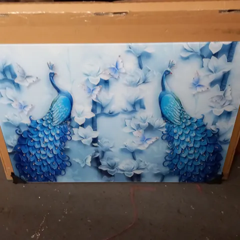 PEACOCK THEMED BLUE GLASS WALL ART - 90X60CM