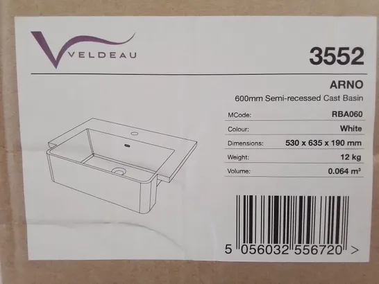 BRAND NEW BOXED VALDEAU 600MM SEMI-RECESSED CAST BASIN 