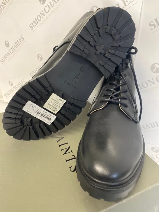 BOXED PAIR OF ALLSAINTS BLACK LAKER BOOTS SIZE 11