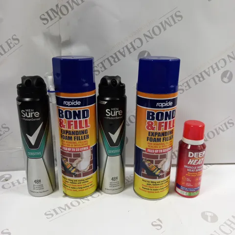 APPROXIMATELY 15 ASSORTED AEROSOLS TO INCLUDE SURE MEN, DEEP HEAT, BOND & FILL ETC. 