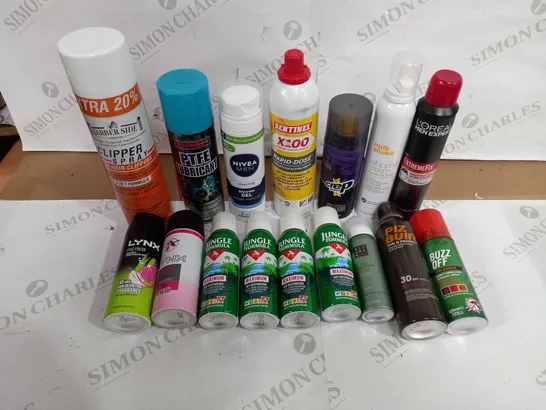 LOT OF APPROX 16 ASSORTED AEROSOLS TO INCLIUDE BUG REPELLENT, BODY SPRAY, SHAVING GEL ETC