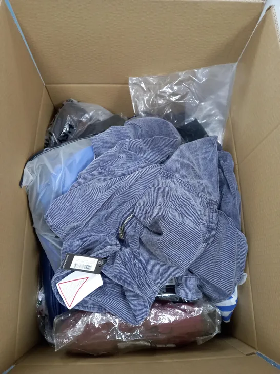 BOX OF ASSORTED CLOTHING ITEMS TOO INCLUDE JUMPERS, SHIRTS AND TROUSERS IN VARIOUS SIZES AND COLOURS   