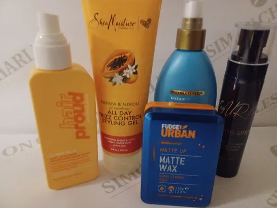 LOT OF 5 ASSORTED HAIR PRODUCTS TO INCLUDE SHEA MOISTURE STYLING GEL, FUDGE URBAN MATTE WAX. HAIR PROUD SMOOTHING SHINE SPRAY, FLEXIBLE CONTROL SEA SALT SPRAY AND LAY UR LACE MELTING SPRAY