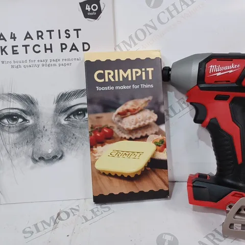 APPROXIMATELY 5 ASSORTED HOUSEHOLD ITEMS TO INCLUDE MILWAUKEE DRILL, CRIMPIT TOASTIE MAKER FOR THINS, A4 ARTIST SKETCH PAD, ETC