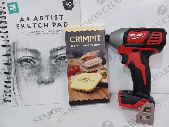 APPROXIMATELY 5 ASSORTED HOUSEHOLD ITEMS TO INCLUDE MILWAUKEE DRILL, CRIMPIT TOASTIE MAKER FOR THINS, A4 ARTIST SKETCH PAD, ETC