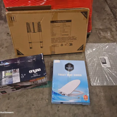 PALLET OF ASSORTED ITEMS, INCLUDING, SAIL SHADE, CUTTING MAT, TARPAULIN, TOILET SEAT, TELESCOPIC LADDER.