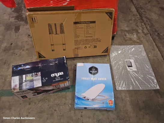 PALLET OF ASSORTED ITEMS, INCLUDING, SAIL SHADE, CUTTING MAT, TARPAULIN, TOILET SEAT, TELESCOPIC LADDER.