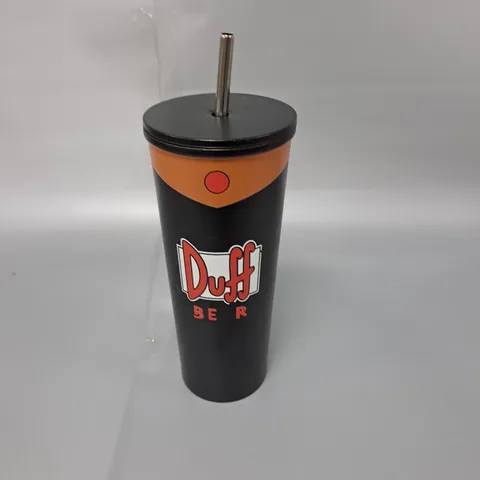 DUFF BEER METAL CUP AND STRAW 
