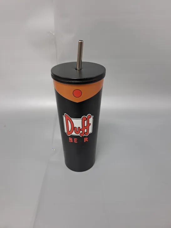 DUFF BEER METAL CUP AND STRAW 