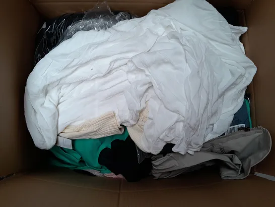 BOX OF APPROXIMATELY 25 ASSORTED CLOTHING ITEMS TO INCLUDE -  SOCKS , T-SHIRT , TROUSERS ETC