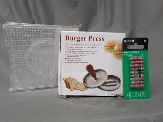 APPROXIMATELY 10 ASSORTED HOUSEHOLD ITEMS TO INCLUDE BURGER PRESS, MIXED FUSES, ETC