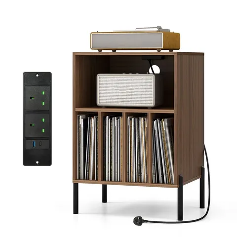 BOXED RECORD PLAYER STAND WITH CHARGING STATION AND 5 STORAGE COMPARTMENTS - WALNUT