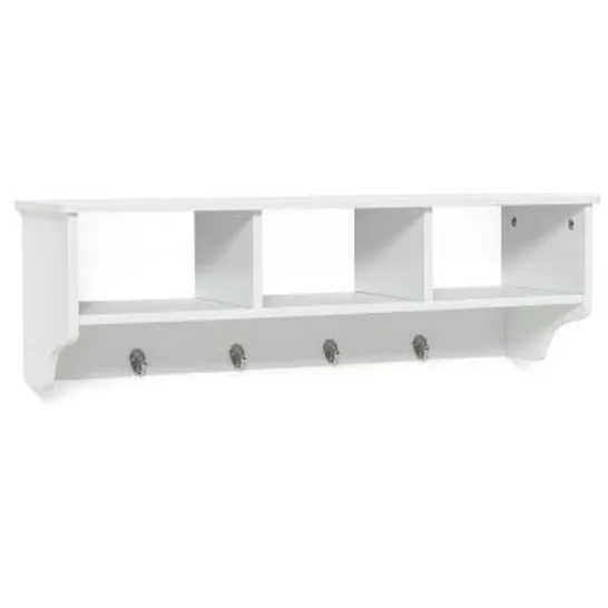 BOXED COSTWAY WOODEN WALL MOUNTED COAT RACK HANGING CUBBY ORGANIZER STORAGE SHELF WITH HOOKS - WHITE