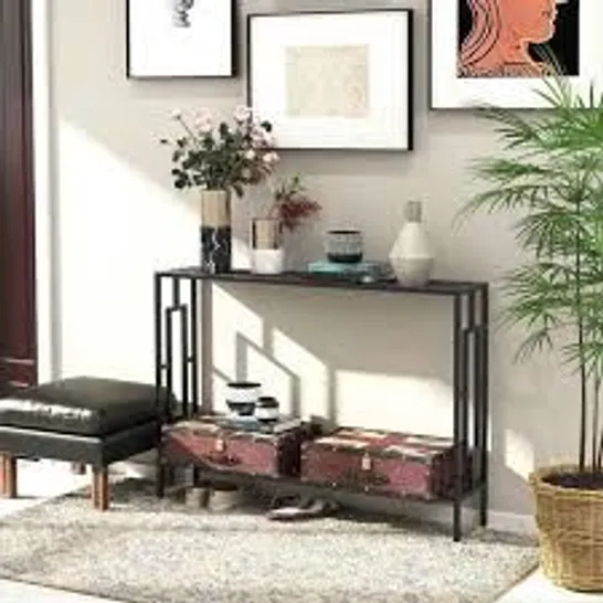 BOXED HOMCOM INDUSTRIAL CONSOLE TABLE WITH STORAGE SHELF, NARROW HALLWAY DRESSING DESK WITH METAL FRAME FOR LIVING ROOM, BEDROOM, GREY AND BLACK