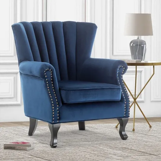 BOXED DIMONDALE PLUSH SOFT VELVET ACCENT WINGBACK CHAIR WITH NAILHEAD TRIM AND FLUTED BACK - BLUE (1 BOX)