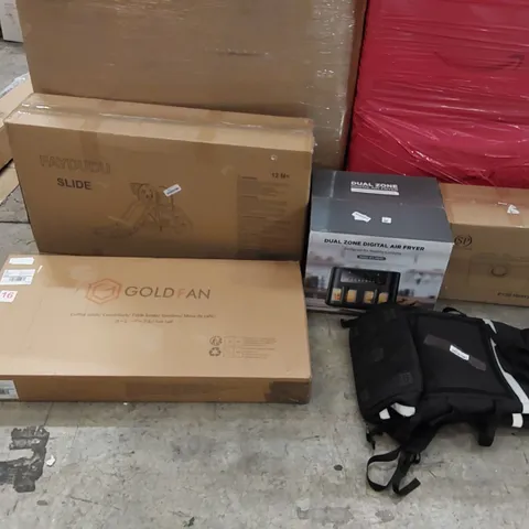 PALLET OF ASSORTED ITEMS INCLUDING: AIR FRYER, SANITARY PUMP, COFFEE TABLE, CHILDREN'S SLIDE, LARGE RUCKSACK 