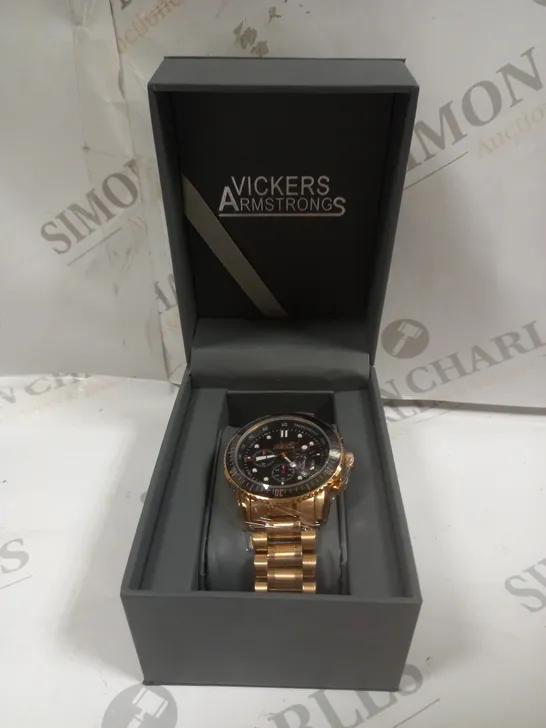 BOXED VICKERS ARMSTRONGS GRANDEUR ROSE GOLD BLACK DIAL WATCH 