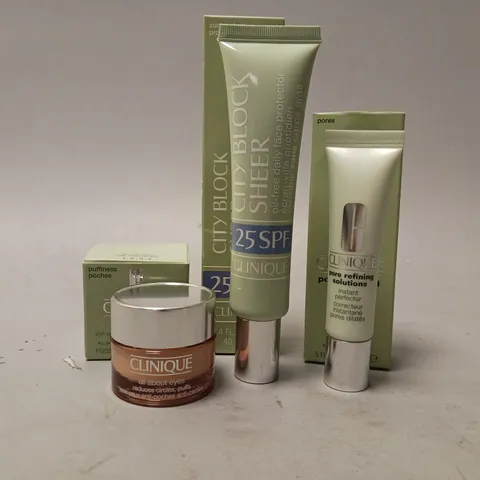 3 BOXED CLINIQUE BEAUTY PRODUCTS TO INCLUDE ALL ABOUT EYES HYDRATING CREAM, CITY BLOCK SHEER SPF25 OIL FREE DAILY FACE PROTECTOR, PORE REFINING SOLUTIONS INSTANT PERFECTOR