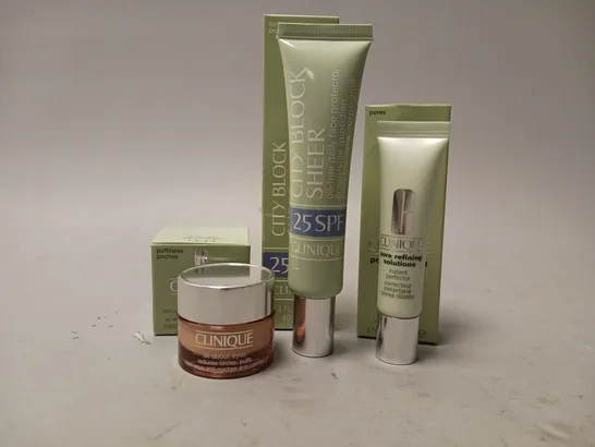 3 BOXED CLINIQUE BEAUTY PRODUCTS TO INCLUDE ALL ABOUT EYES HYDRATING CREAM, CITY BLOCK SHEER SPF25 OIL FREE DAILY FACE PROTECTOR, PORE REFINING SOLUTIONS INSTANT PERFECTOR