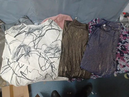 BOX OF APPROXIMATELY 10 ASSORTED PIECES OF CLOTHING IN VARIOUS STYLES, SIZES, AND BRANDS 