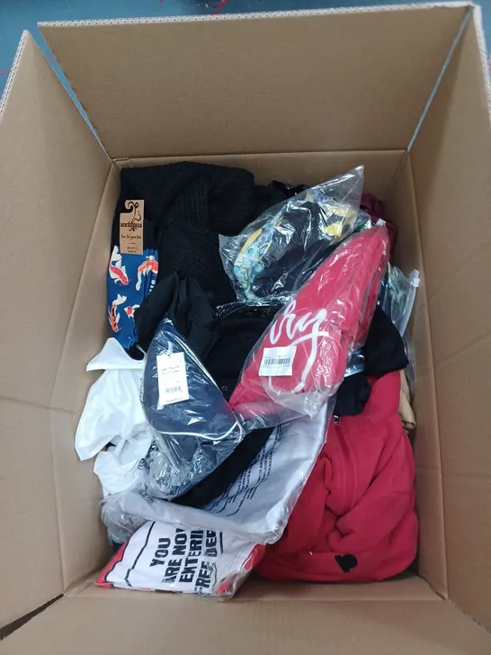BOX OF ASSORTED CLOTHING ITEMS TO INCLUDE PYJAMAS, HATS, SWEATERS ETC 