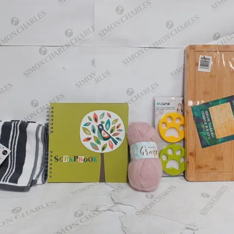 BOX OF APPROX 30 ASSORTED ITEMS TO INCLUDE - M&S SUPER SOFT COTTON HAND TOWEL - SCRAPBOOK - NATURAL BAMBOO CHOPPING BOARD ECT 