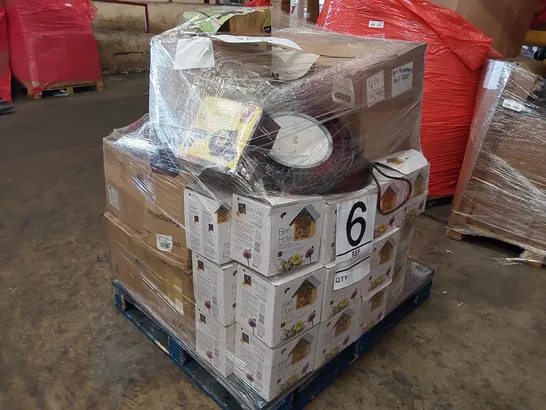 PALLET OF ASSORTED ITEMS INCLUDING: WOOD BURNING FIREPIT, ROBOT VACUUM, BEE HOTELS ECT.