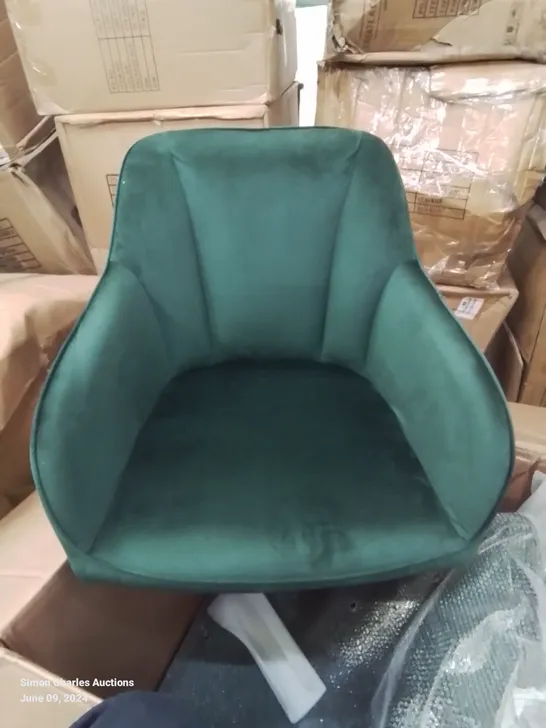 A BOXED PAIR OF VELVET UPHOLSTERED GREEN SIDE CHAIRS