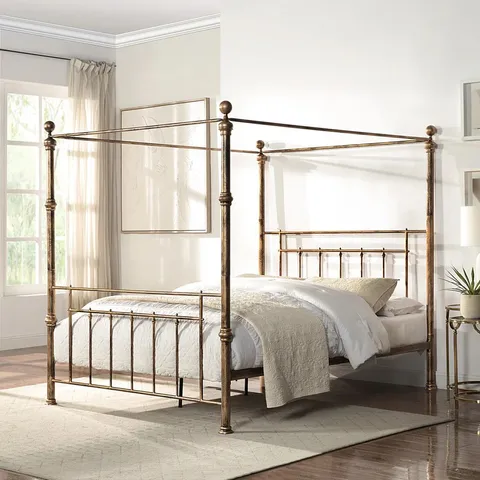 BOXED WELWYN ANTIQUE BRASS 4 POSTER METAL KING BED (2 BOXES)