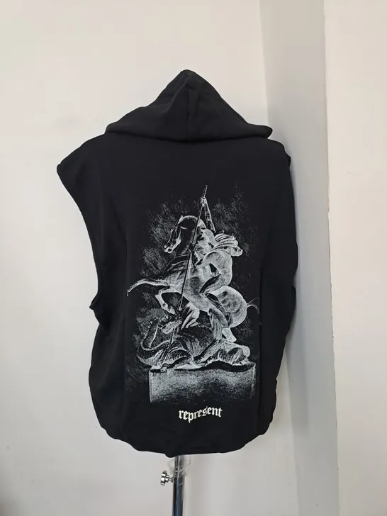 REPRESENT VINTAGE 247 SLEEVELESS OVERSIZED HOODIE BLACK WITH PRINT - MEDIUM 