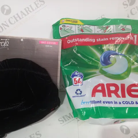 BOX OF APPROXIMATELY 15 ASSORTED HOUSEHOLD ITEMS TO INCLUDE ARIEL ALL IN 1 PODS, HAT COVER, ETC
