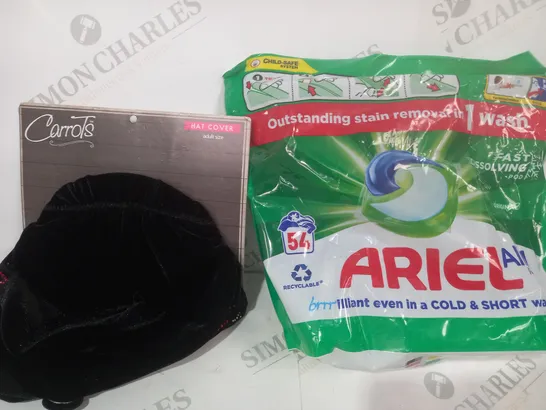 BOX OF APPROXIMATELY 15 ASSORTED HOUSEHOLD ITEMS TO INCLUDE ARIEL ALL IN 1 PODS, HAT COVER, ETC